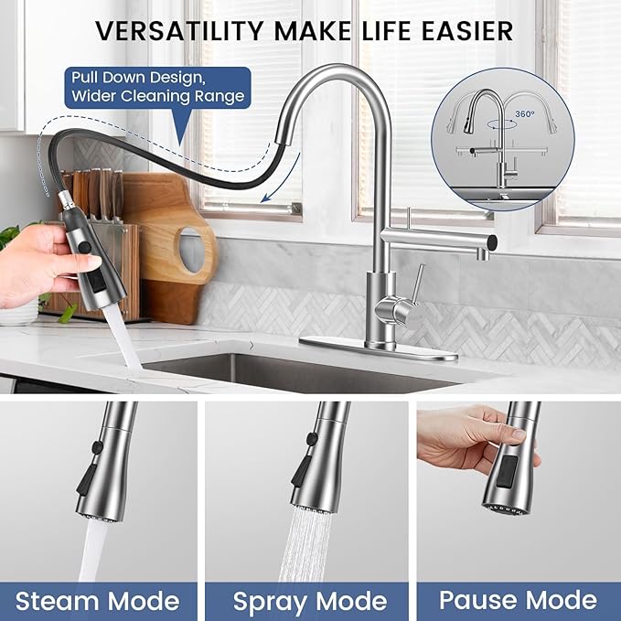FEELSO Kitchen Faucets, Upgraded Filter Water Kitchen Faucet with Pull Down Sprayer, Brushed Nickel Stainless Steel High Arc 1 Or 3 Hole Kitchen Sink Faucet for Remove Lead, Chlorine, Bad Taste & Odor