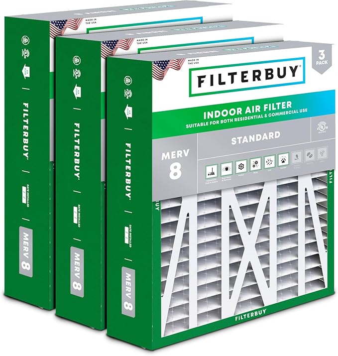 Filterbuy 20x23x5 Air Filter MERV 8 Essential Dust & Allergy Defense (3-Pack), Pleated HVAC AC Furnace Filters for Bryant, Carrier, BDP, Day & Night, and Payne (Actual Size: 19.81 x 22.56 x 4.25)