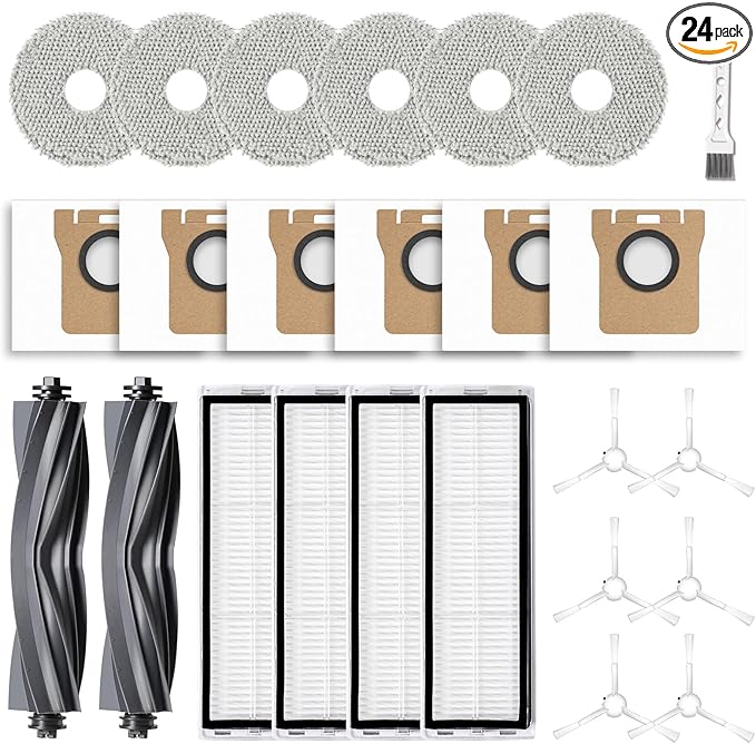 24Pcs Replacement Parts for Dreame L10s Ultra/L10 Ultra Vacuum Cleaner Accessories Kit, 2 Main Brush, 4 HEPA Filters, 6 Mop Pads, 6 Dust Bags, 6 Side Brushes [Not for L10s Pro Ultra Heat]