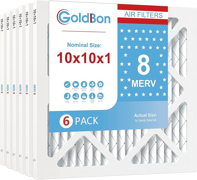 10x10x1 Air Filter 6 Pack MERV 8 MPR 700 FPR 5- GoldBon AC Filter USA Design- Electrostatic Pleated Air Conditioner HVAC AC Furnace Filters for Pollen, Smoke,Pet Dander