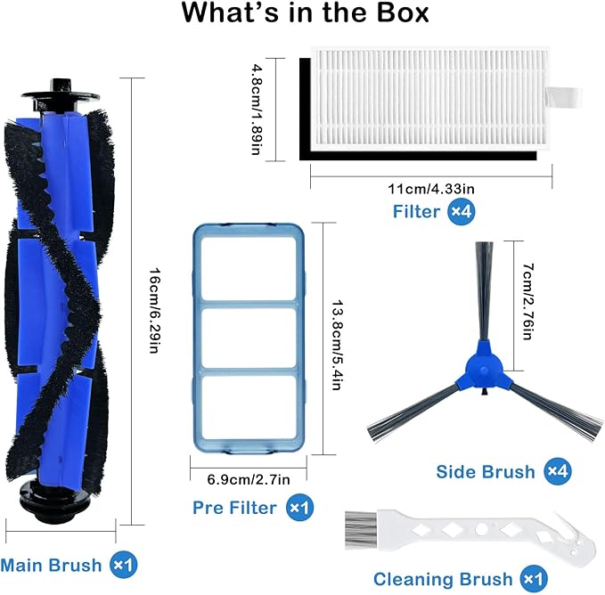 Replacement Parts Accessories Kit for eufy robovac 11S, 12, 15T, 15C, 25C, 30, 30C, 35C Slim Carpet Robotic Vacuum, 1 Roller Brush, 4 Filters, 4 Side Brushes, 1 Pre Filter, 1 Cleaning Brush