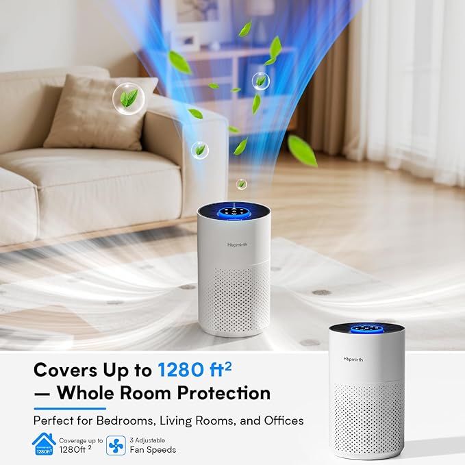 Upgraded Air Purifiers for Bedroom & Home with H14 True HEPA Filter, Covers Up to 1280ft², 360° Air Intake, Quiet Pet Air Purifier, Fragrance & Timer,Removes Smoke, Pet Dander & Pollen,White