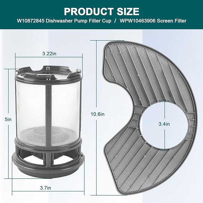 W10872845 Dishwasher Pump Filter Cup, WPW10463906 Screen Filter Dishwasher Filter Replacement Parts for Whirlpool Kenmore KitchenAid Dishwasher AP6030094 W10393351 AP6021820 PS11755148 PS11759673