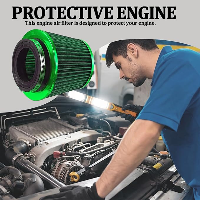 Car Clamp-On Air Intake Filter, 3 In 3.5 In 4 In Round Tapered Vehicle Cone Air Filters, High-Performance ＆ Washable Auto Replacement Intake Filtering Accessories, Universal Fit (Green)