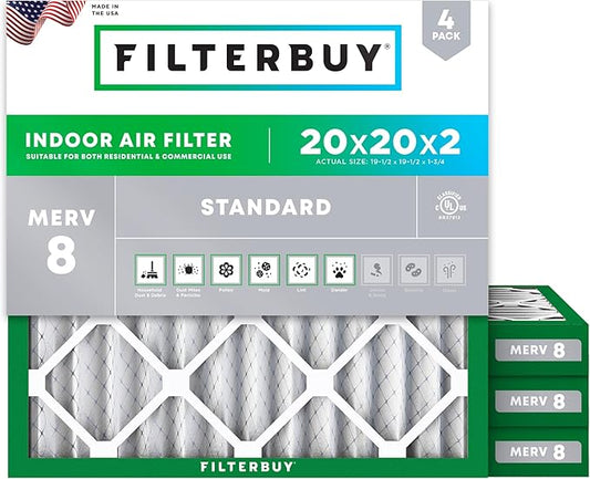 Filterbuy 20x20x2 Air Filter MERV 8 Essential Dust & Allergy Defense (4-Pack), Electrostatic Pleated HVAC AC Furnace Filters Replacement (Actual Size: 19.50 x 19.50 x 1.75)
