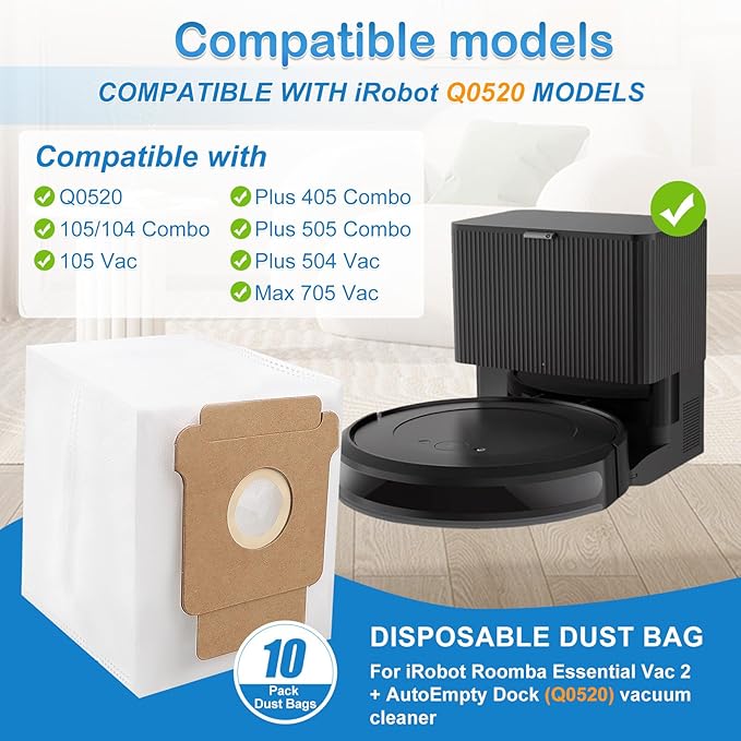10 Pack 104/105 Combo Dust Bags for iRobot Roomba Vacuum 2 Q0520, Plus 405/504/505 Combo, Max 705 Vac 705 Combo Robot, 2.8L Large Capacity Automatic Dirt Disposal Bags