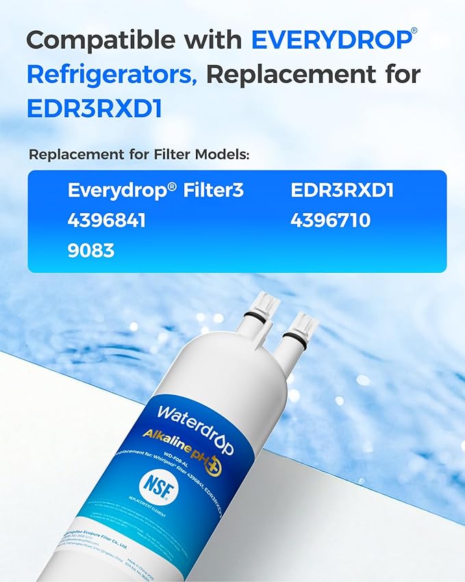 Waterdrop 𝐀𝐥𝐤𝐚𝐥𝐢𝐧𝐞 WD-F08-AL Replacement for 4396841, Everydrop® Filter 3, EDR3RXD1, 4396710, Kenmore® 46-9083, 46-9030, 𝐄𝐧𝐡𝐚𝐧𝐜𝐞𝐬 𝐩𝐇 Refrigerator Water Filter