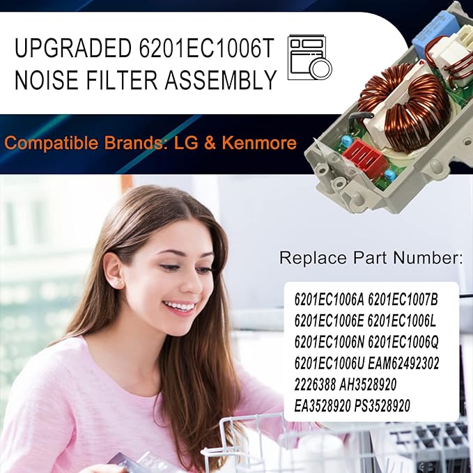 Upgraded 6201EC1006T Noise Filter Assembly Compatible with LG & Kenmore Washing Machine Dishwasher, Replace Part Numbers 6201EC1006L 2226388 6201EC1006A 6201EC1006E 6201EC1006Q 2-Year Warranty