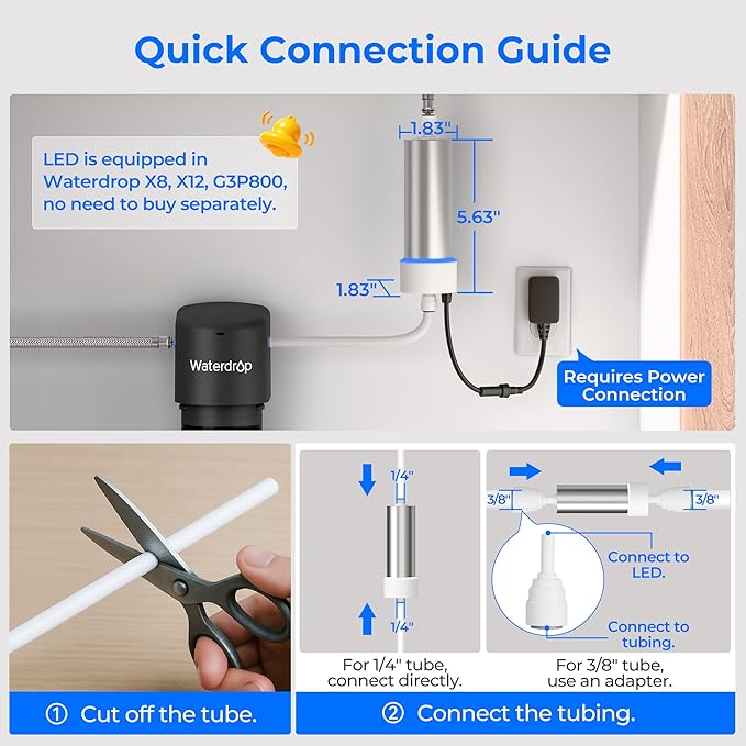 Waterdrop LED UV Ultraviolet Water Filter for Under Sink Water Filter and Reverse Osmosis System, Reduce up to 99.9% of Harmful Substances, Mercury-Free, FCC Certified, Stainless Steel, 50 Year Life