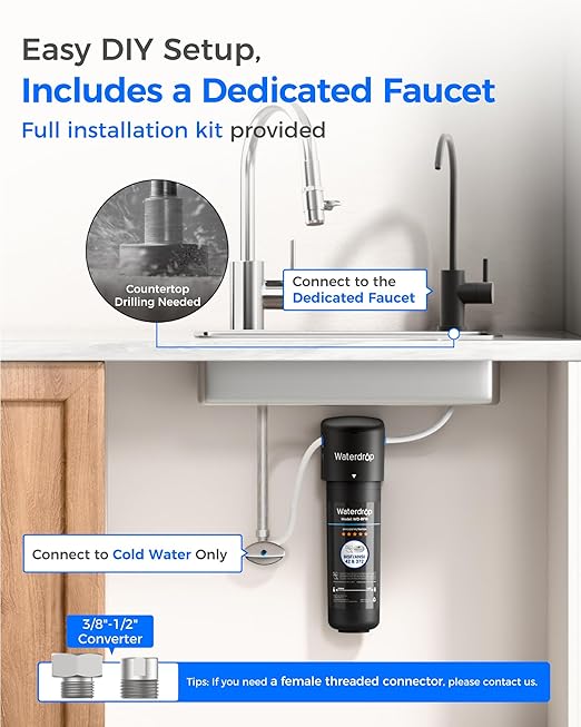 Waterdrop 10UB-B Under Sink Water Filter, Reduces PFAS, PFOA/PFOS, Lead, Chlorine, Bad Taste, NSF/ANSI 42 Certified, 11K Gallons, Easy Installation, Black Faucet
