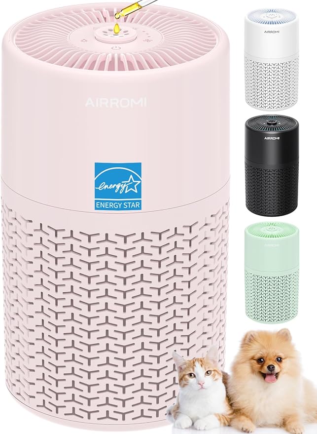 AIRROMI Pets Air Purifier for Home Allergies,Up to 660 ft². HEPA Deodorizing Activated Carbon Filter,With Fragrance Sponge for Better Sleep,Night Light,Pet Dander,Smoke,Odors,Air Cleaner A2002 Pink