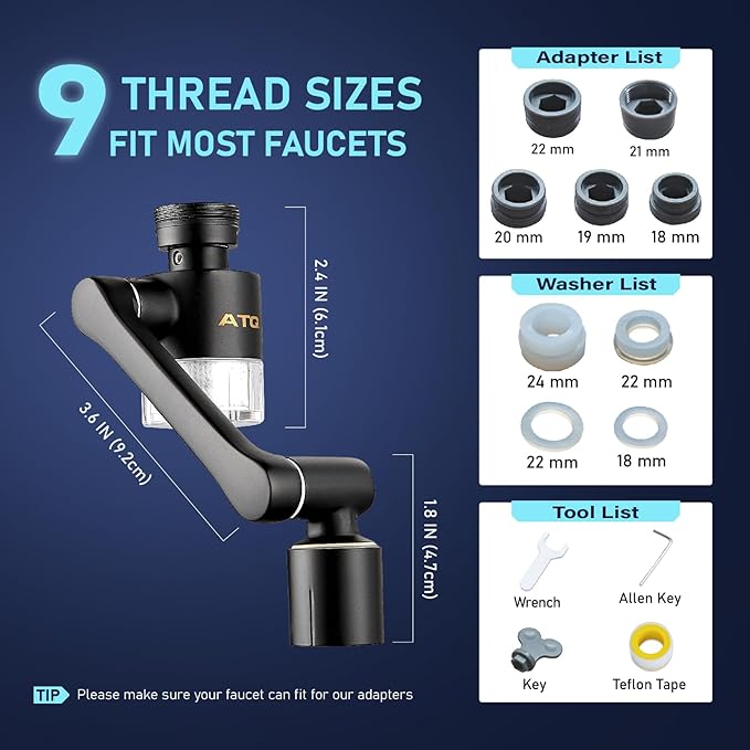 Water Filter for Sink Faucet Extender Aerator,Brass 1080°Rotatable Faucet Aerator,2 Modes Spray Attachment for kitchen/Bathroom,9pcs Cartridges Reduce Chlorine Matte Black