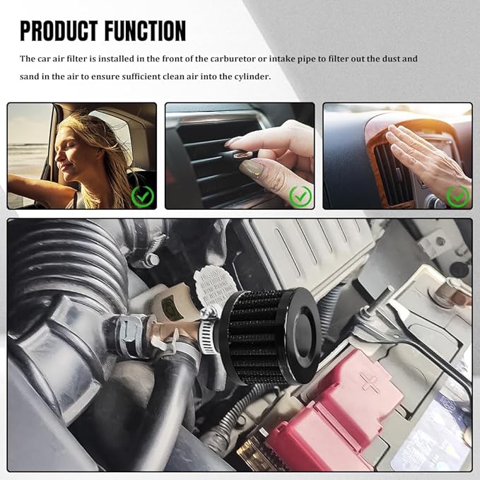 2PCS Breather Filter, Air Intake Filter, 12mm Auto Air Filter Vent Crankcase Breather with Adjustable Clamp, Universal Car Accessory Valve Cover Breather Fit for Car and Motorcycle (Black)
