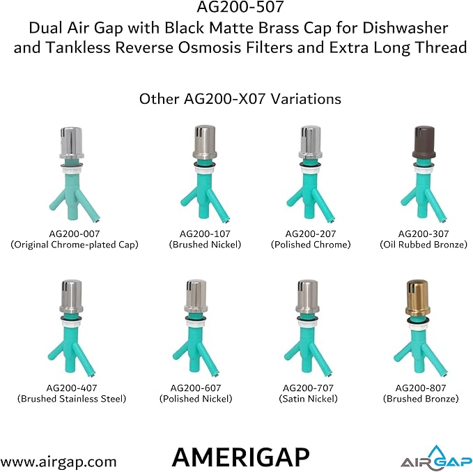 Dual Air Gap with Black Matte Brass Cap for Dishwasher and Tankless Reverse Osmosis Filter and Extra Long Thread (AG200-507, AG200-X07, AMERIGAP)