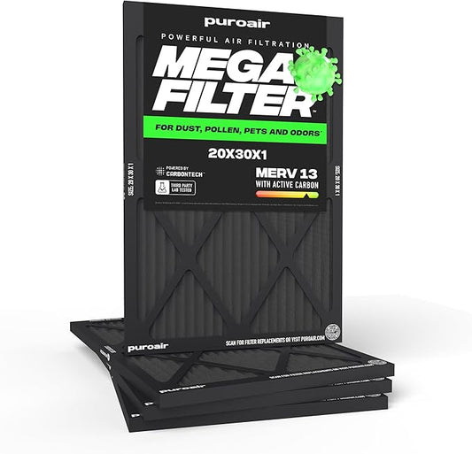 PuroAir MegaFilter - 20x30x1 Air Filter MERV 13 Activated CarbonTech Defense - Heavy Duty 3 Layer Furnace Filters Allergens, Pollen, Dust, Pet Dander, Smoke, Odors - HVAC Air Filter 20x30x1 (4-Pack)