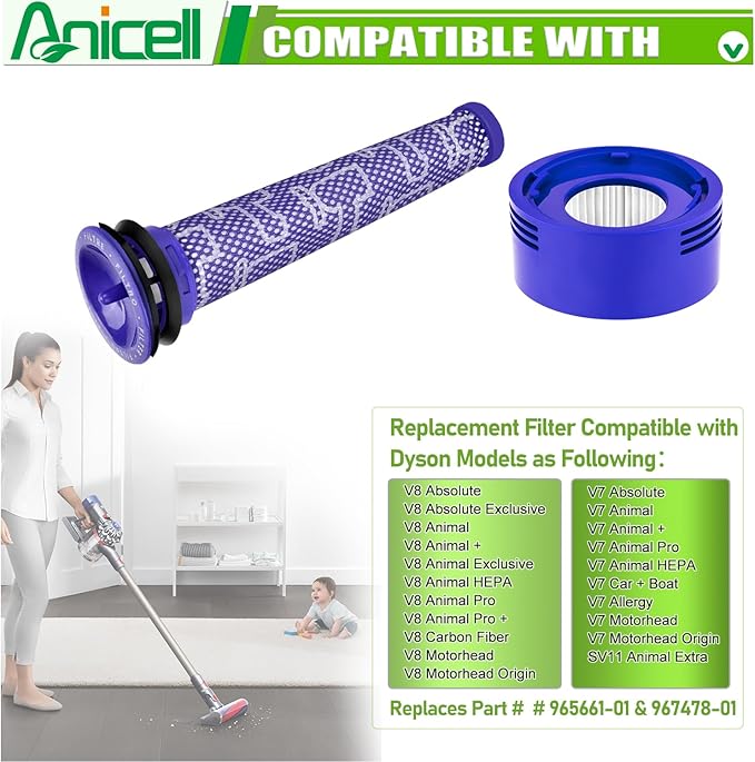 Replacement Filter Compatible with Dy.son V8 V7 SV10 Animal & Absolute Cordless Vacuum Replacements, Replace Part # 965661-01 & 967478-01, 1 Pre-Filter+1 Post HEPA Filter+1 Brush