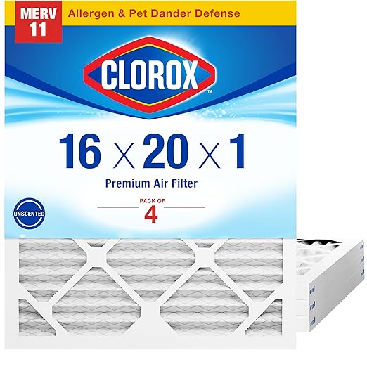 Clorox 16x20x1 Air Filter, MERV 11 Pleated HVAC AC Furnace Air Filters for Dust, Pollen and Pet Dander, MPR 1000 & FPR 7 – Pack of 4