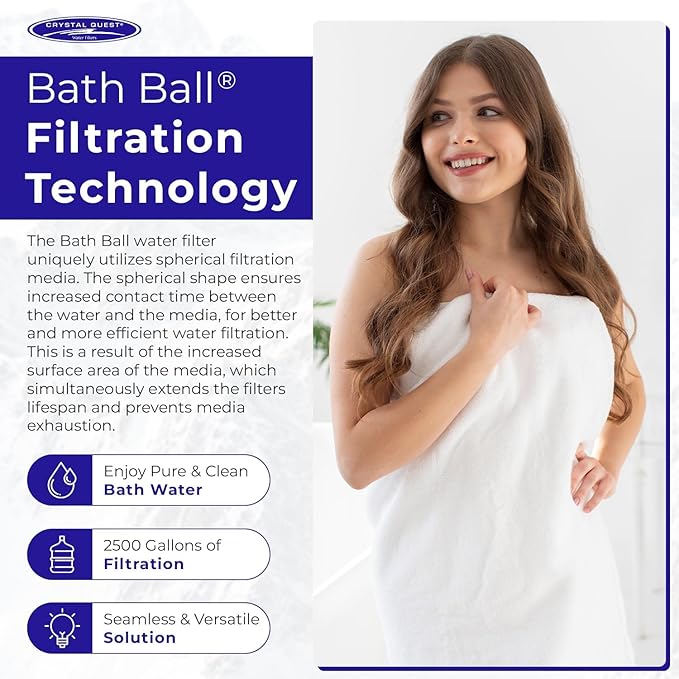 Crystal Quest Premium Bath Ball Water Filter for Bathtub - 3-Stage Filtration, Removes Chlorine, Chloramine & Byproducts, 2,500 Gallons, BPA Free, pH Balanced Water, Fits Most Tubs, Black