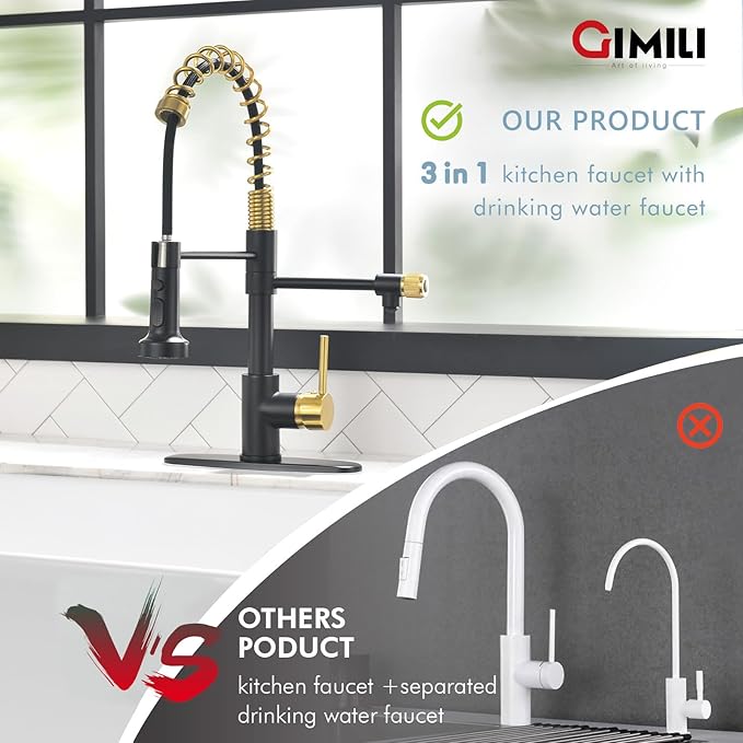 GIMILI Black and Gold Drinking Water Faucet 3 in1 Commercial Style Pull-Down Single Handle Filter Kitchen Faucet for Water Filtration System,Without Water Filtration Device