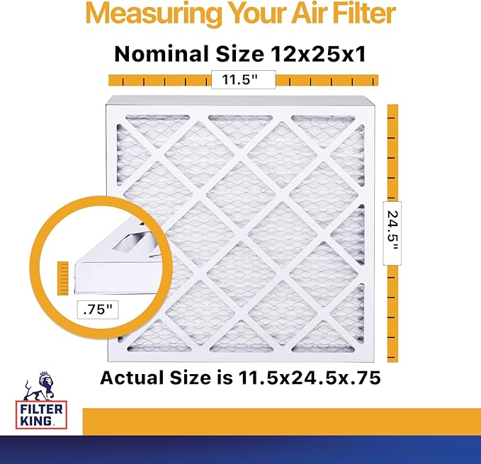 Filter King 12x25x1 Air Filter (MERV 13) (6-Pack) Dust & Allergy Control AC Furnace Filters, MADE IN USA, HVAC, Pleated, Electrostatic (Actual Size: 11.5 x 24.5 x .75)