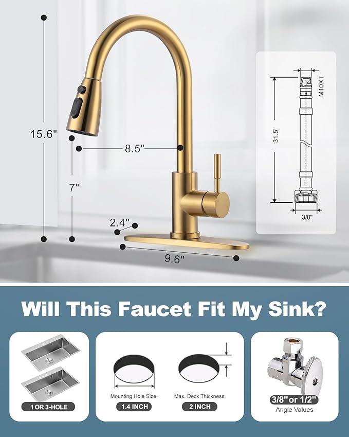 Touchless Kitchen Faucet Stainless Steel: WOWOW Smart Motion Sensor Kitchen Sink Faucet with Sprayer, Automatic Hand-Free Brushed Gold Kitchen Faucet for Sink 1 or 3 Hole