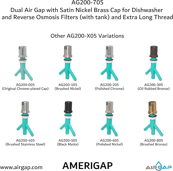 Dual Air Gap with Satin Nickel Brass Cap for Dishwasher and Reverse Osmosis Filters (with tank) and Extra Long Thread (AG200-705, AG200-X05, AMERIGAP)