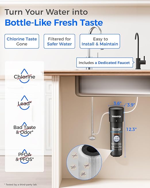 Waterdrop 10UB-B Under Sink Water Filter, Reduces PFAS, PFOA/PFOS, Lead, Chlorine, Bad Taste, NSF/ANSI 42 Certified, 11K Gallons, Easy Installation, Black Faucet