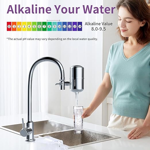 WINGSOL Stainless Steel Mineral Alkaline Water Filter for Sink Faucet, NSF/ANSI 42&53, 360° Rotating Tap Purifier Improve pH+ & Taste, Reduce Chlorine, Odor, Sediment, 250 Gallons, Reinforced Housing