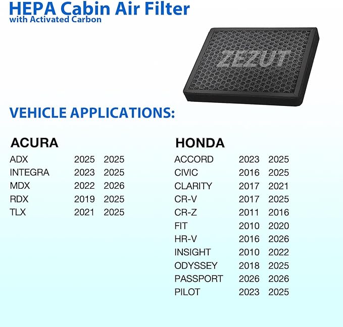 Cabin Air Filter, for Honda CR-V, Civic, Accord, Odyssey, HR-V, Clarity, CR-Z, Fit, Insight, Acura MDX, RDX, TLX, Integra (CF11182)