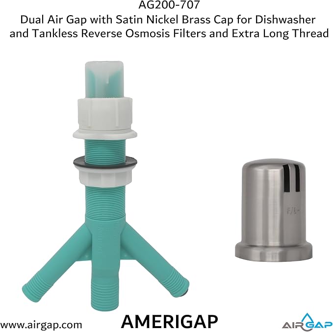 Dual Air Gap with Satin Nickel Brass Cap for Dishwasher and Tankless Reverse Osmosis Filter and Extra Long Thread (AG200-707, AG200-X07, AMERIGAP)