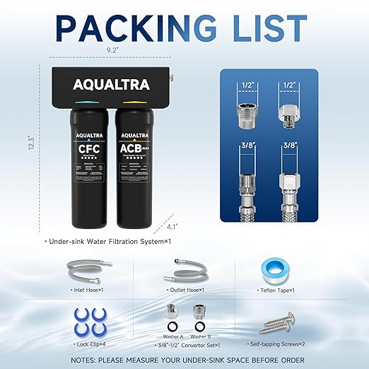 AQUALTRA USF-2B-10 Slightly Alkaline Under Sink Water Filtration System, 20000 Gallons Under-Sink Water Filter, 0.5 μm Carbon Fiber Filter Reduces Chlorine, Chloramine, Fluoride, Bad Taste & Odor
