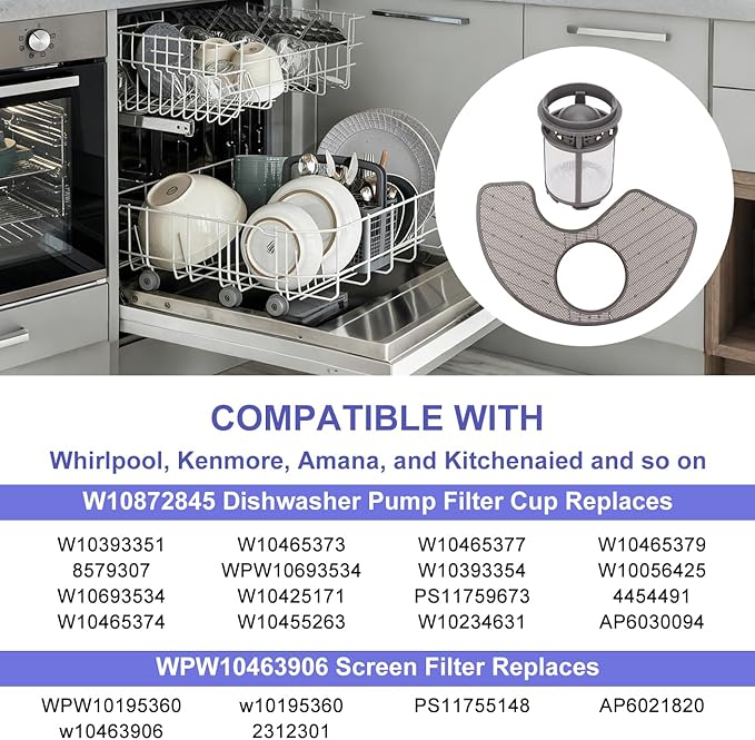 W10872845 Dishwasher Pump Filter Replacement Cup & WPW10463906 Screen Filter - Compatible with Whirlpool/Kenmore/KitchenAid Dishwasher- Replaces AP6030094 W10393351 AP6021820 PS11755148 2312301