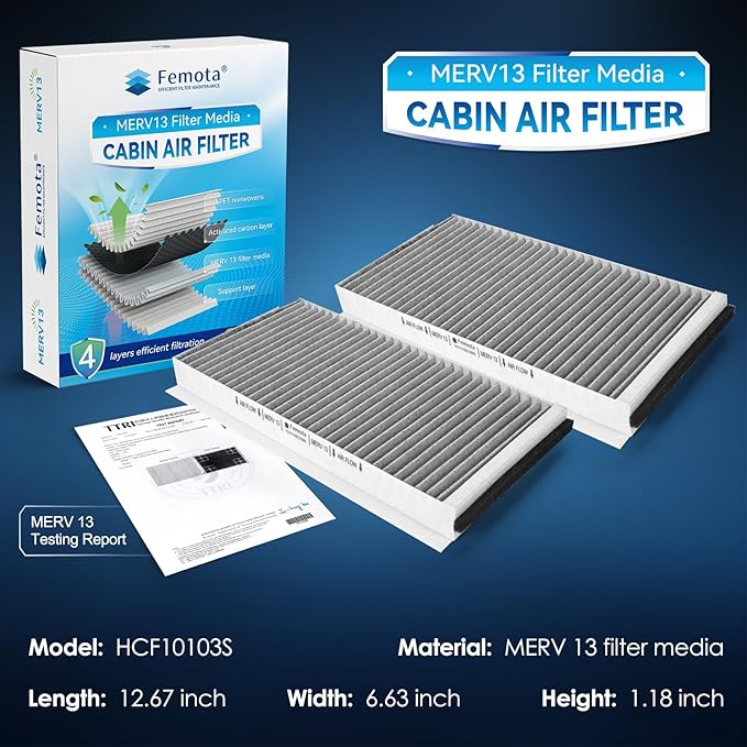 Certified MERV 13 Cabin Air Filter with Activated Carbon, CF10103 for BMW 525i, 525xi, 528i, 528i xDrive, 528xi, 530i, 530xi, 535i, 535i GT, 535i xDrive, 535xi, 545i, 550i, 645Ci, 650i, M5, M6