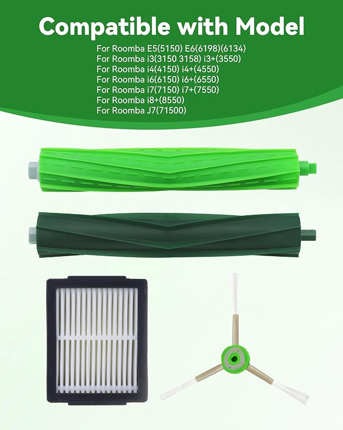 Replacement Parts for iRobot Roomba - Multi-Surface Rubber Brushes, HEPA Filters, Edge-Sweeping Brushes - Compatible with i Series (i3/i4/i6/i7/i8), J7, E Series (E5/E6/E7) Vacuum Cleaners