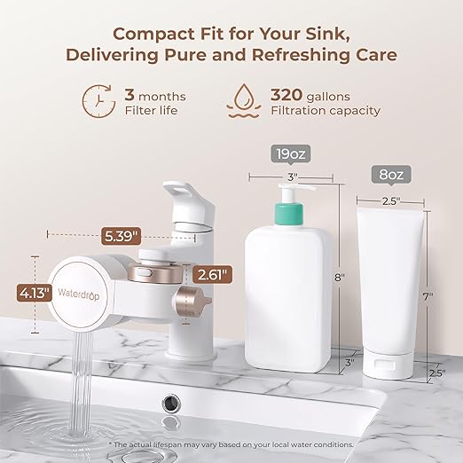 Waterdrop BFT1 Skincare Bathroom Sink Filter, Water Filter for Sink Faucet, 0.000001 mm, Reduce 99.9% Chlorine, Skin Redness & Scale Control, Water Softner, NSF Certified (1 Filter Included)