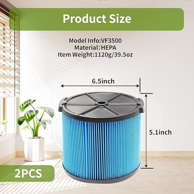 2 Pack Wet Dry Vac Filter VF3500 3 Layer Fine Filter, Half Height Replacement V3500 Filter for 3-4.5 Gallon Vacs WD3050 WD4050 WD4070 WD4522 4000RV 4500RV
