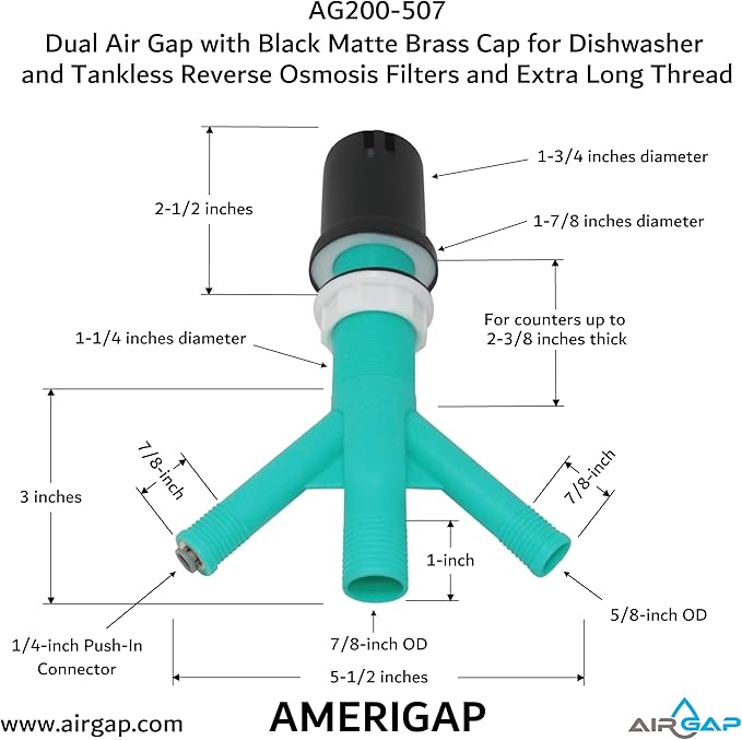 Dual Air Gap with Black Matte Brass Cap for Dishwasher and Tankless Reverse Osmosis Filter and Extra Long Thread (AG200-507, AG200-X07, AMERIGAP)