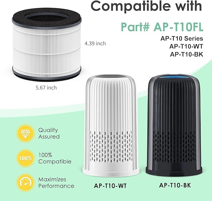 AP-T10-WT AP-T10FL Replacement Filter Compatible with HoMedics Air Purifier Filter Replacement TotalClean Tower Model AP-T10 AP-T10-WT AP-T10-BK Ture HEPA Type w/ 3-Stage Filtration, 2-Pack