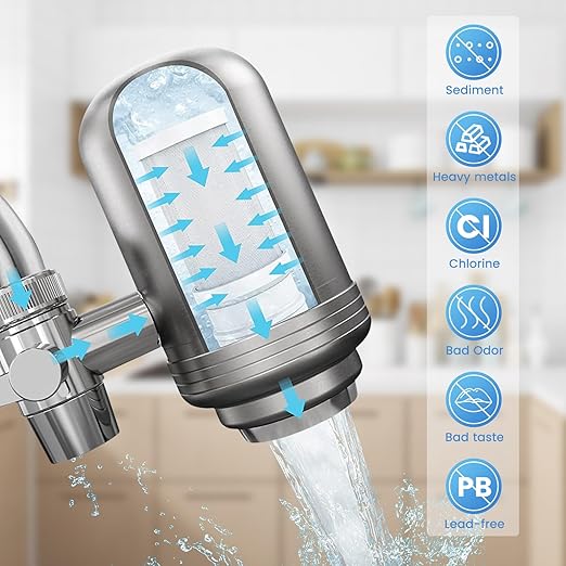 Vortopt Faucet Water Filter for Sink, Rapid Flow - 400 Gallons Faucet Mount Water Filtration System for Tap Water, NSF Certified Reduces Chlorine (Grey-T2-2 Filter)
