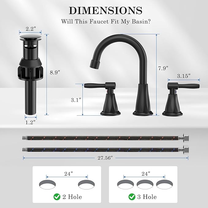 Bathroom Faucets with Filter, Widespread Black Bathroom Sink Faucet for 3 Holes with Pop-up Drain Assembly, Two Handle Vanity Faucet (Contemporary)