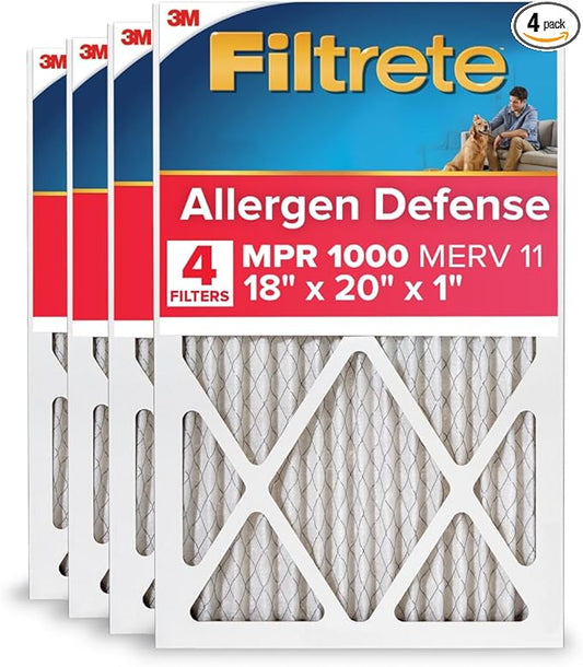 Filtrete 18x20x1 AC Furnace Air Filter, MERV 11, MPR 1000, Micro Allergen Defense, 3-Month Pleated 1-Inch Electrostatic Air Cleaning Filter, 4 Pack (Actual Size 17.81 x 19.81 x 0.81 in)