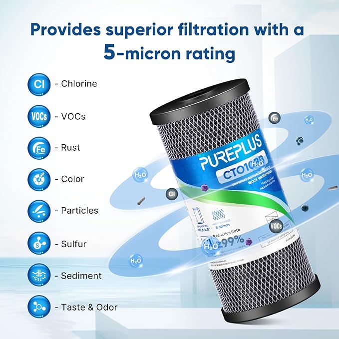 PUREPLUS 10" x 4.5" Whole House Carbon Water Filter Combo Pack, CTO10BB + CTO10BB-KDF + CTO10BB-CQB, 5 Micron, Lead & Heavy Metal Reduction, Fits GE GXWH40L, DuPont WFHDC8001, 3-Pack