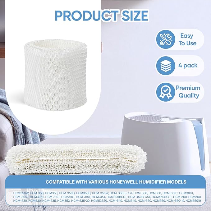 4 Pack HAC-504 Humidifier Wicking Filter Compatible with Honeywell HCM-350,HCM-300T, HCM-600, HCM-710, HCM-315T,HAC-504 and HAC-504AW Cool Mist Humidifiers, Replacement Filter A