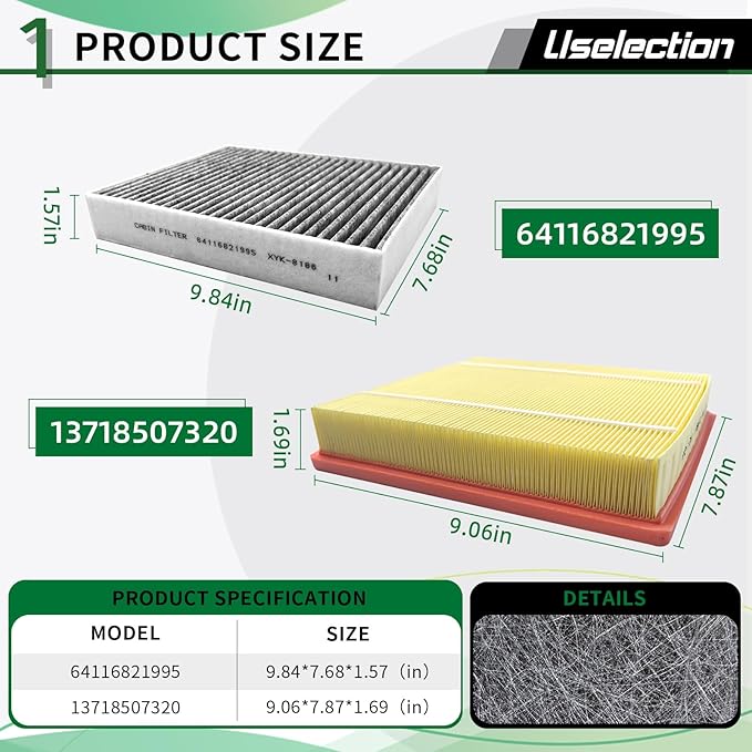 Cabin & Engine Air Filter W/Activated Carbon Set for(2012-2018) BMW 328I, 328I XDRIVE, 428I, 428I GRAN COUPE, 328D, 228I, 320I, 2.0L SERIES Select Models #13718507320 64119237555 (2.0L Engine ONLY)