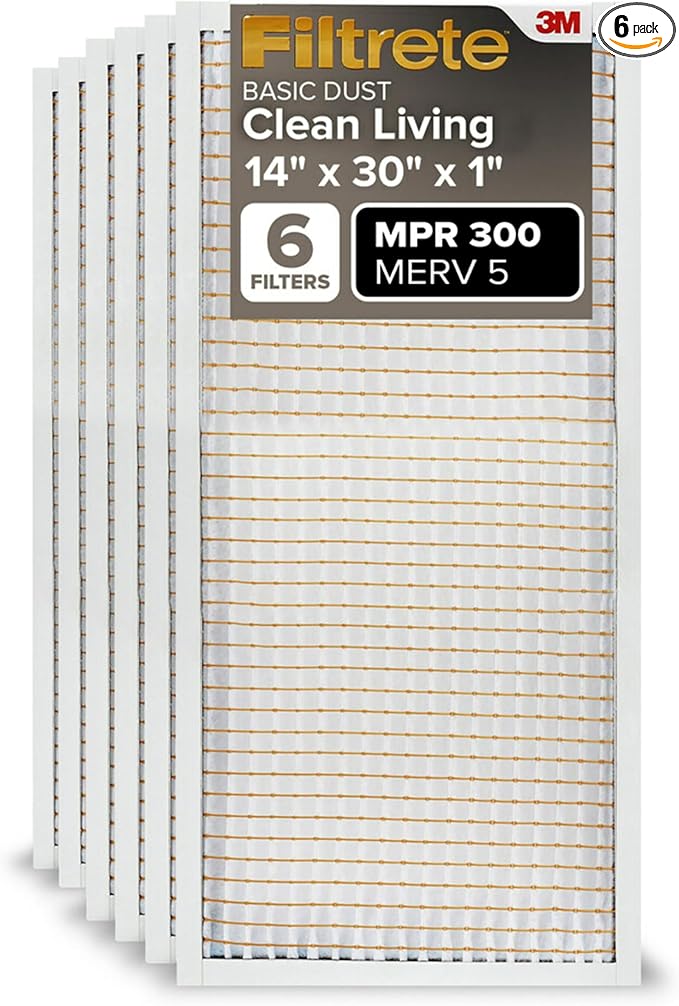 Filtrete 14x30x1 Air Filter MERV 5, 6-Pack AC Furnace Filters for Home HVAC, MPR 300 Basic Dust Defense, Removes Lint & Household Dust, 3-Month Pleated Electrostatic (Actual Size 13.81x29.81x0.81 in)