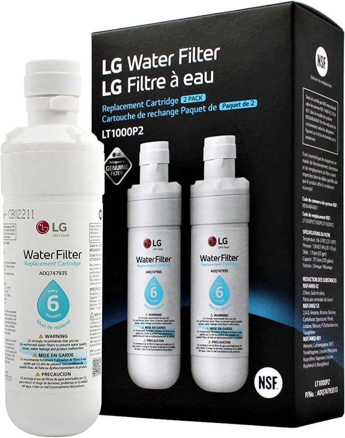 LG LT1000P2 6-Month / 200 Gallon Refrigerator Replacement Water Filter, Reduces Chlorine, 2 Count (Pack of 1), White.