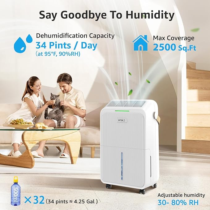 KNKA 2500 Sq.Ft Dehumidifier for Basement with Drain Hose Max 34 Pints, Dehumidifiers for Home, Bedroom, Bathroom, Large Room, Three Modes, Intelligent Humidity Control, Dry Clothes, 24HR Timer