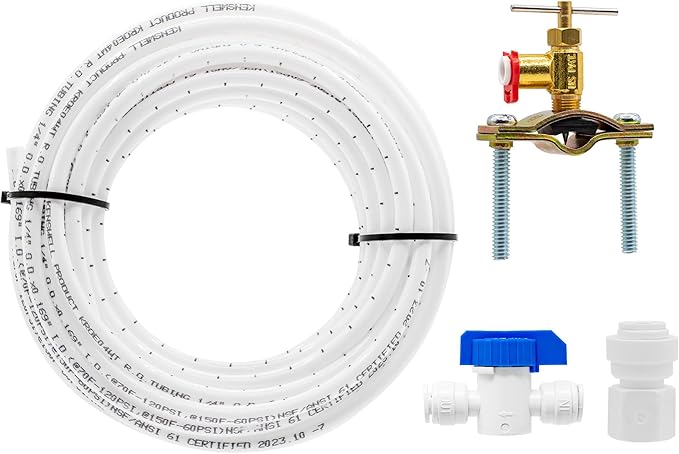 Refrigerator Water Line Kit for Ice Maker, Freezer, Humidifier, Water Filtration System. 25 FT x 1/4” OD Tube, 1/4" OD Quick Connect Self-Piercing Needle Saddle Valve, Adapter, & Ball Valve