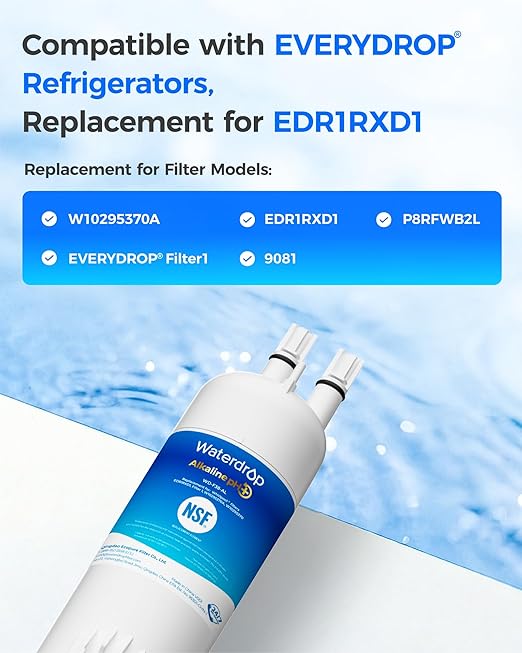 Waterdrop 𝐀𝐥𝐤𝐚𝐥𝐢𝐧𝐞 W10295370A Replacement for Everydrop® Filter 1, EDR1RXD1, EDR1RXD1B, P8RFWB2L, P4RFWB, Kenmore® 46-9081, 46-9930, WD-F38, 𝐄𝐧𝐡𝐚𝐧𝐜𝐞𝐬 𝐩𝐇 Refrigerator Water Filter