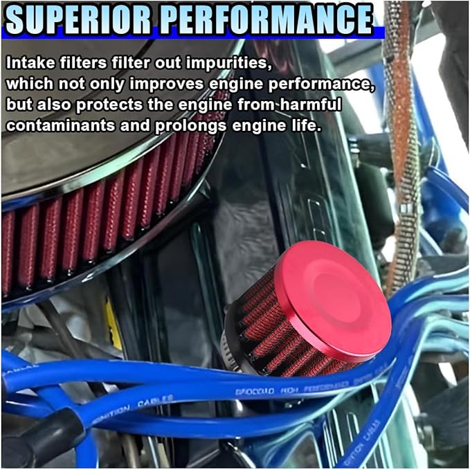 1" Car Air Intake Filter, 25mm Auto Crankcase Cold Air Filter Cleaner with Adjustable Clamp, Universal Vent Valve Cover Breather for Car, Motorcycle (Red)
